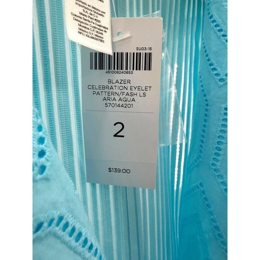 Chico's Celebration Eyelet Blazer Aria Aqua Blue Geometric Knit Jacket 2 L New